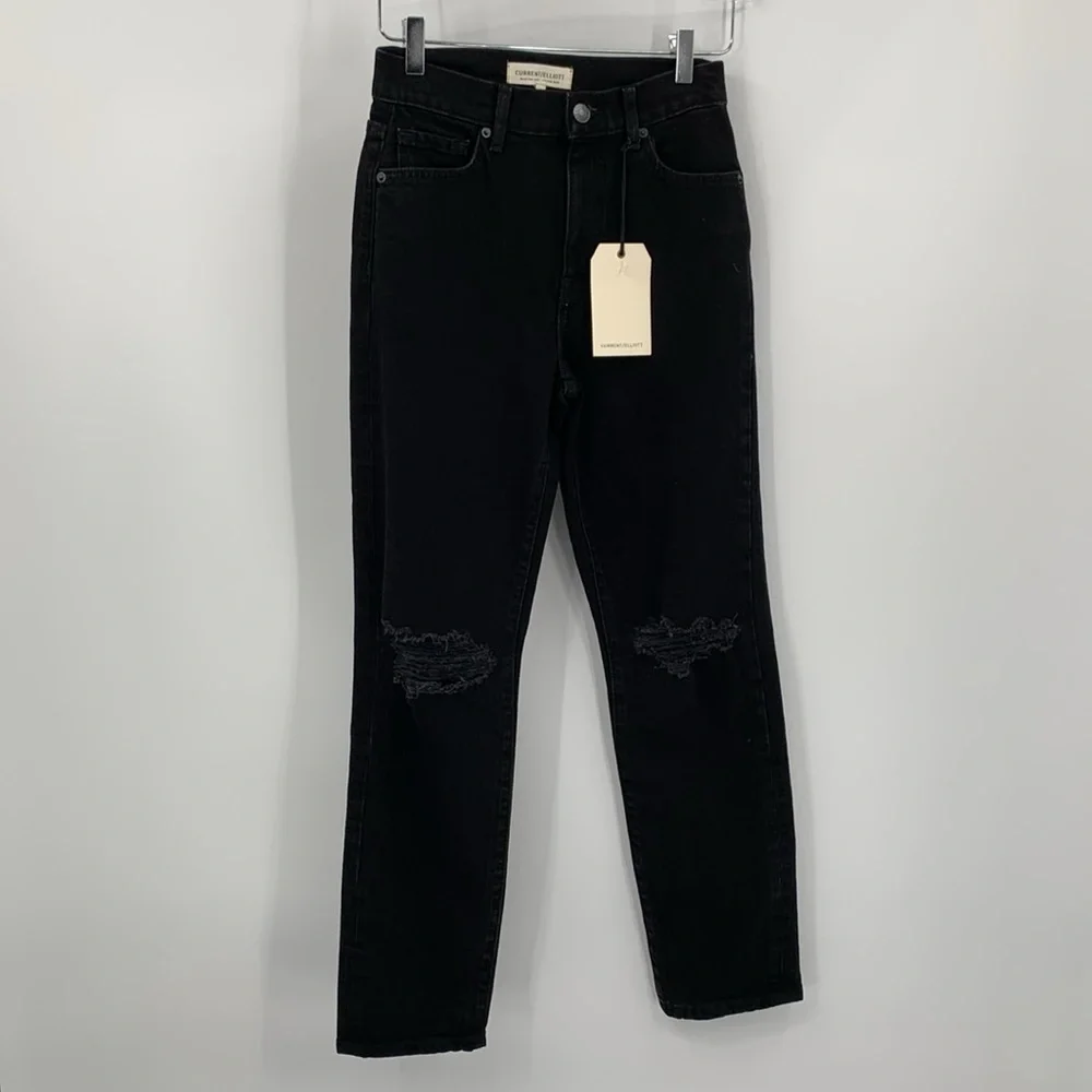 Current Elliott Boyfriend jeans denim Onyx black distressed shredded knee new 23